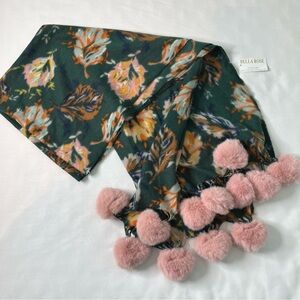 New-Cashmere & Silk Blended Green Floral Scarf Pink Faux Fur Pompoms. Bella Rose